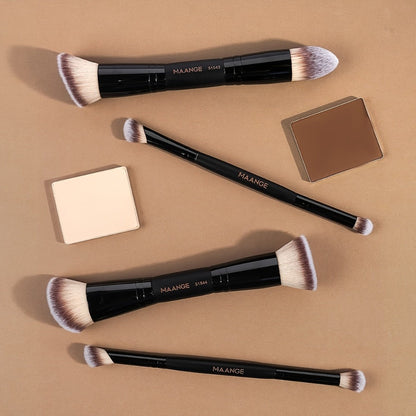Double-Ended Makeup Brush Set 4Pcs – Bevel Taper Foundation Contour Blush Powder Brushes Professional Travel Makeup Tools Kit for Women Black Beige & Black Gold