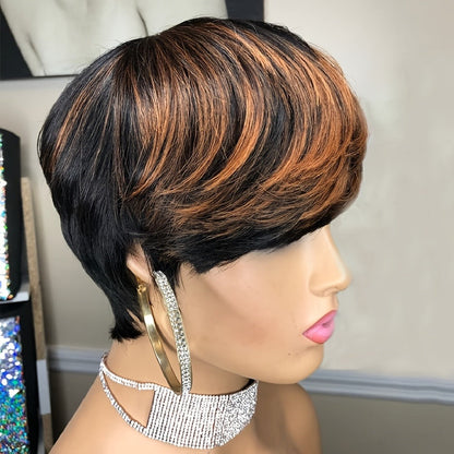 Short Pixie Cut Wig with Bangs Black Blonde Layered 4 Inch Rose Net Cap | Brown Blonde Mix Synthetic Wig for Black Women Daily Wear Office Party