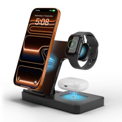 Foldable 3-in-1 Wireless Charging Station with LED Indicator & Anti-Slip Fast Charge for iPhone 17 16 15 14 13 12 11 Pro Max XR XS, Apple Watch Ultra Series 11 10 9 8 7 6 5 SE, AirPods 4 3 2 Pro & Samsung Galaxy – Black White, With/Without Adapter