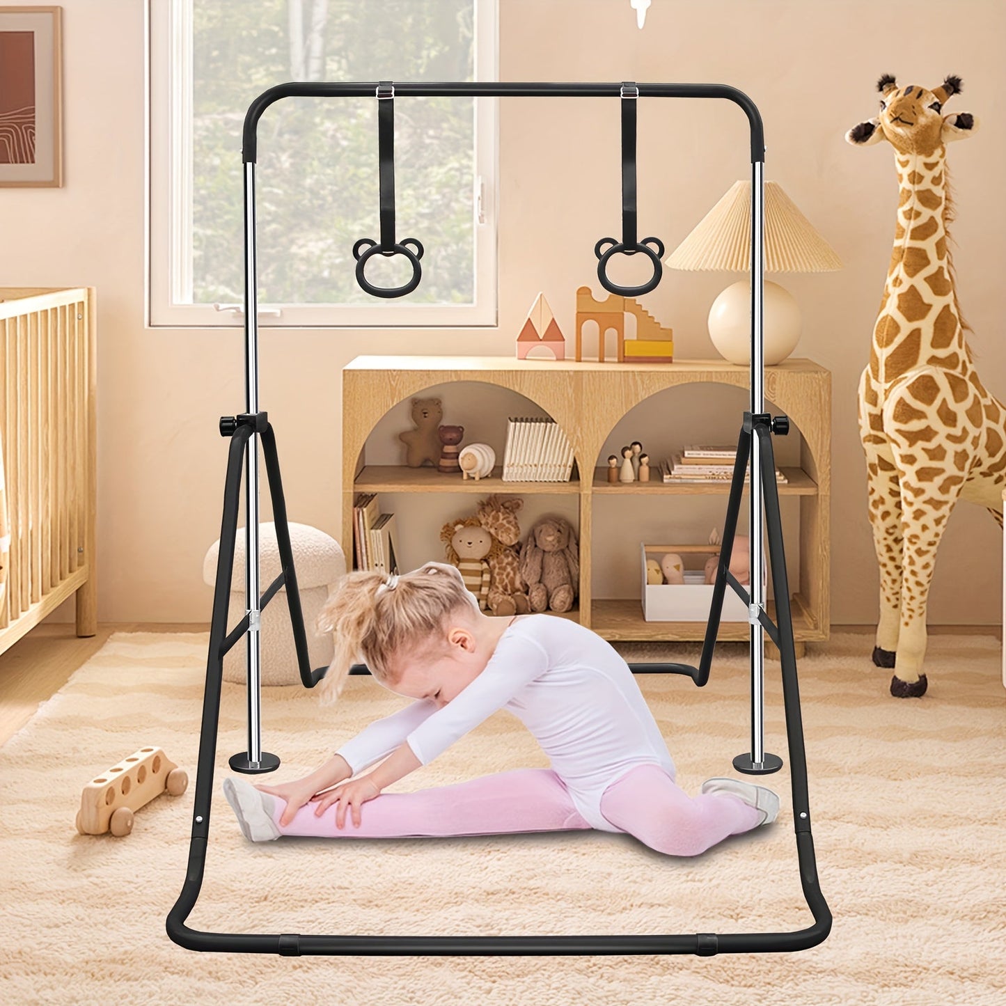 Height-Adjustable Kids Gymnastics Bar in Green or Yellow for Supervised Indoor or Outdoor Training
