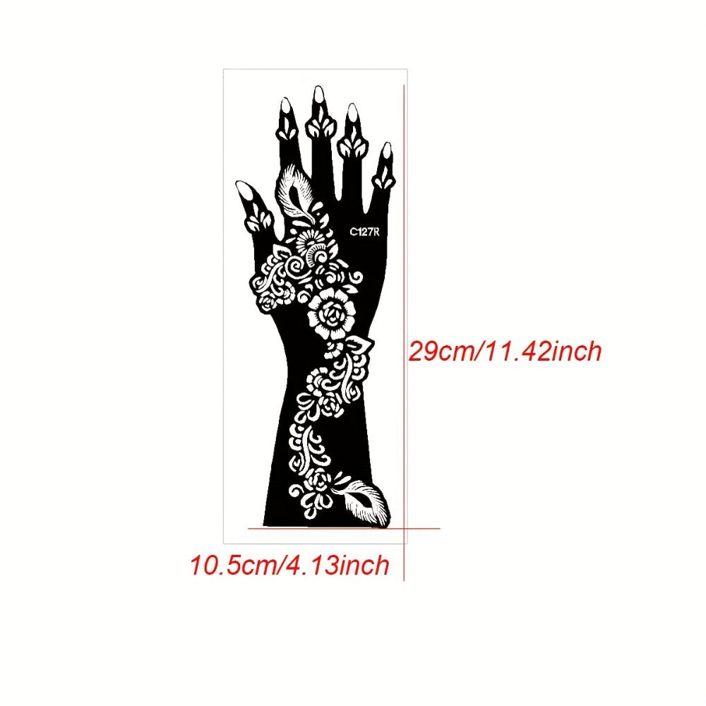 Eight-Piece Hand Tattoo Stencil Set with Long Henna-Style Floral Patterns in SM012 or SM013