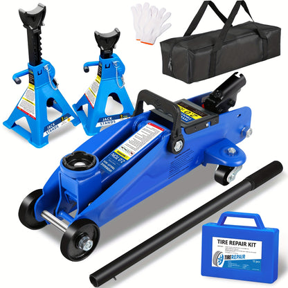 Hydraulic Floor Jack Kit 2/2.5/3 Ton Low Profile Trolley Jack with Jack Stands, Tire Repair Kit, Wheel Wrench & Wheel Chock Combo - Red/Blue