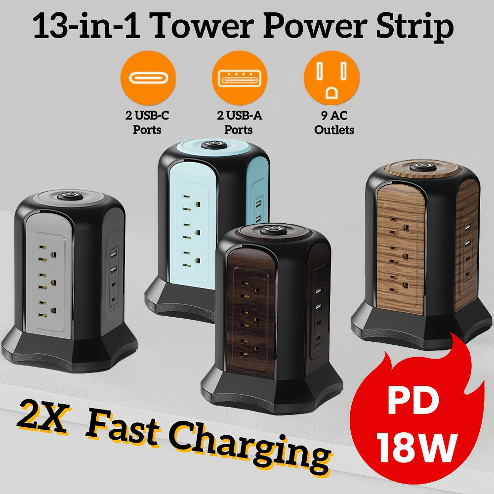 Surge-Protected Power Tower 13-in-1 with Wireless Charger, 9 AC Outlets & 4 USB Ports (2 USB-C PD18W), 1080J Surge Protector, 8ft Extension Cord – Multi-Color for Home Office Dorm