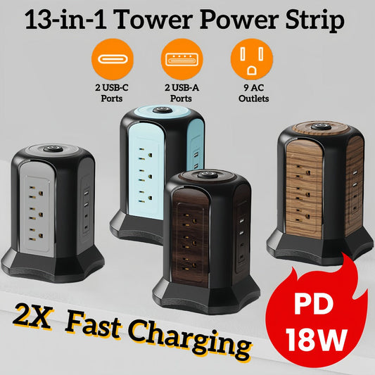 Surge-Protected Power Tower 13-in-1 with Wireless Charger, 9 AC Outlets & 4 USB Ports (2 USB-C PD18W), 1080J Surge Protector, 8ft Extension Cord – Multi-Color for Home Office Dorm
