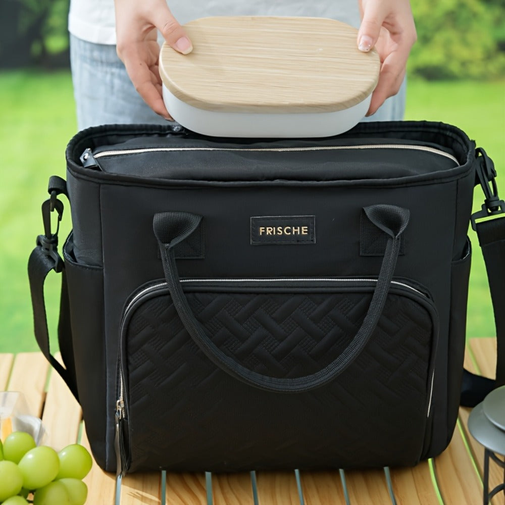 11L Quilted Lunch Bag Tote with Front Zipper Pocket, Side Tissue Pocket, Strap and Four Colors