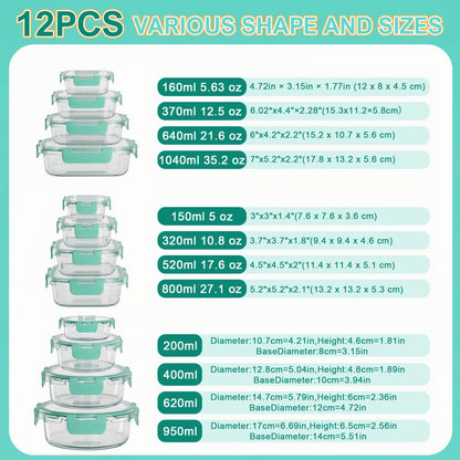 Food Storage Containers Borosilicate Glass Set with Locking Lids in 10-, 12- or 17-Piece Color Options