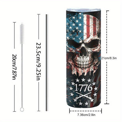 Insulated Tumbler 20oz Patriotic Skull Graphic in Blue with Stainless Steel, Lid and Straw