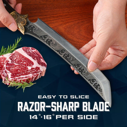8.86-Inch Carving Knife with Patterned High-Carbon Steel Blade, Full-Tang Wood-Look Handle and Brown Sheath