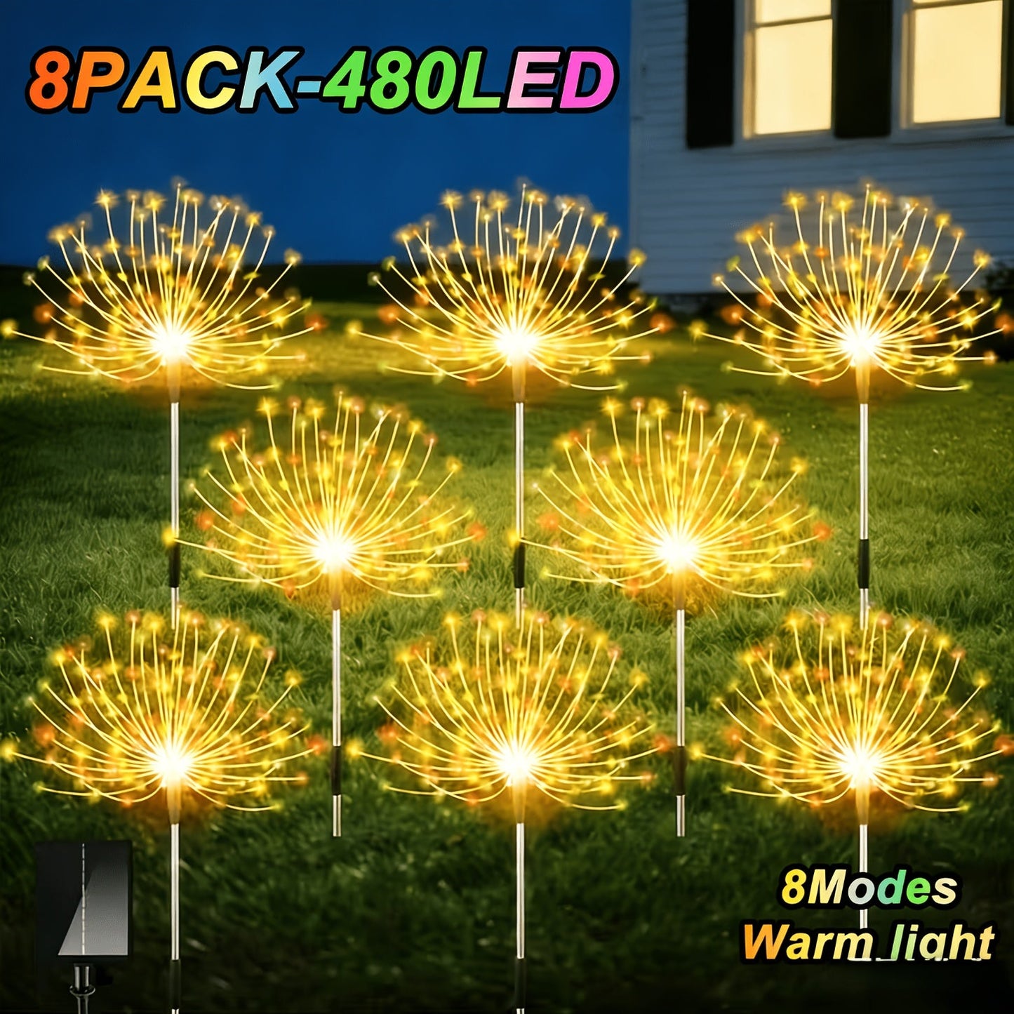 Solar Fireworks Lights 480 LED 8-Pack, IPX4 Waterproof 8 Modes
