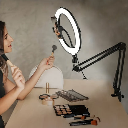 7.87-Inch LED Ring Light with Articulating Desk Clamp Arm, Phone Holder and USB Inline Control