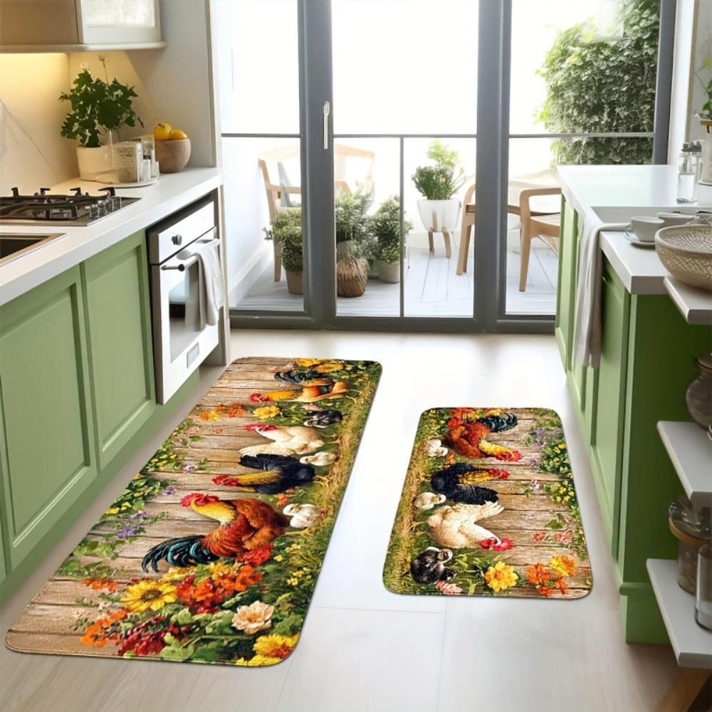 Rooster Farmhouse Kitchen Rugs in Round, Runner and 1- to 4-Piece Mat Set Size Options for Floors