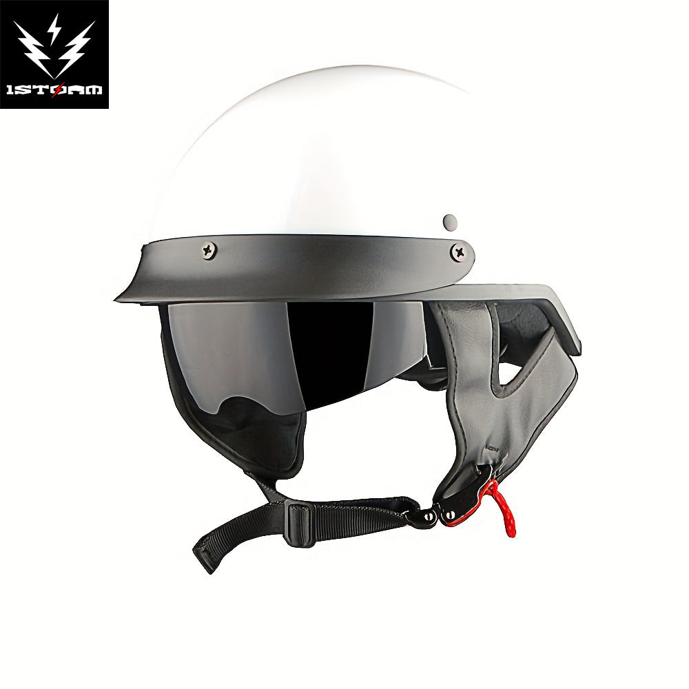 Motorcycle Half Face Helmet – Retractable Smoked Visor, Adjustable Inner Visor, Lightweight Aerodynamic Design, Goggle Compatible, Sizes S–XL