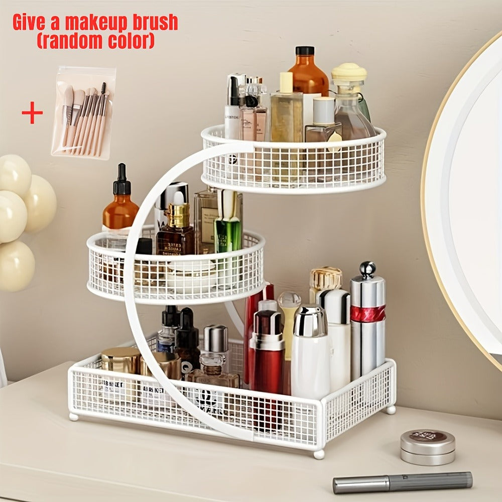 Metal Cosmetic Storage Rack with Makeup Brushes and Black or White Tissue Holder Configurations