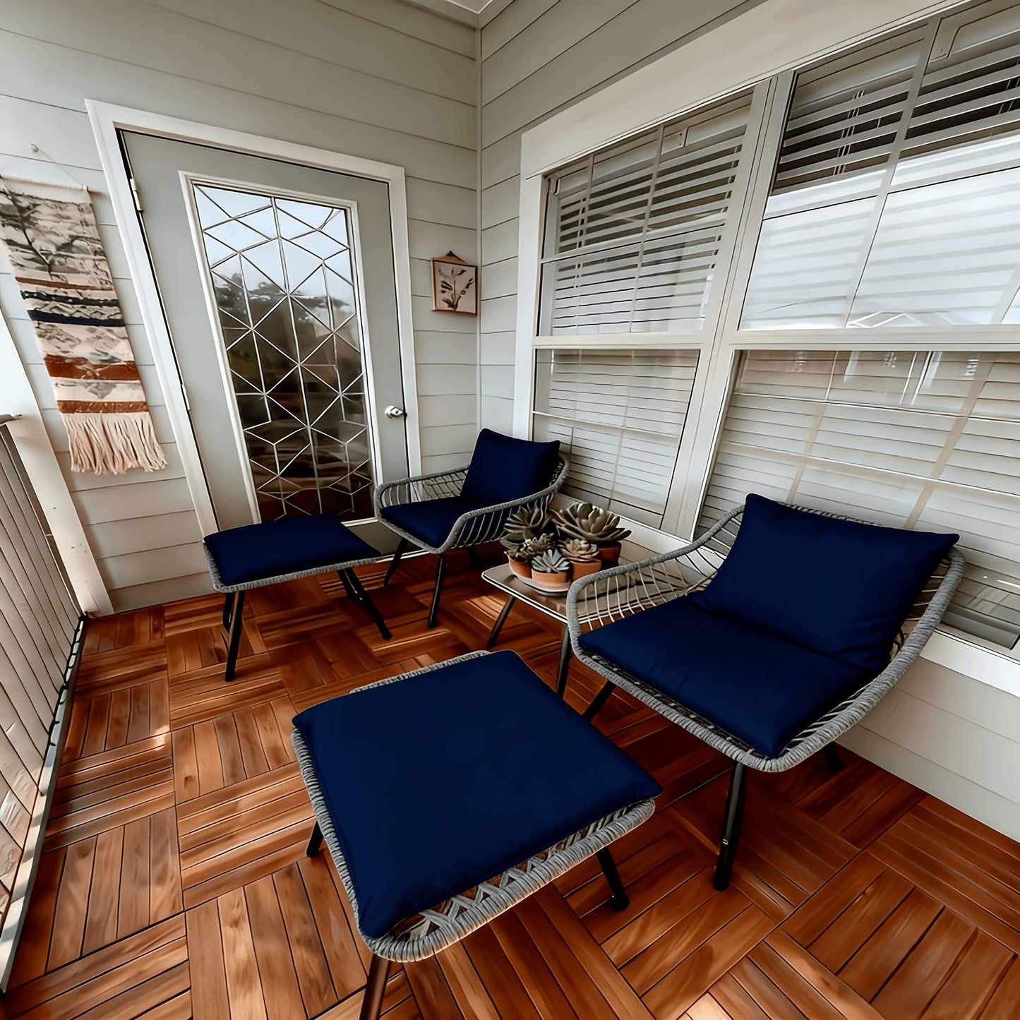 Five-Piece PE Rattan Patio Set with Two Chairs, Two Footstools, Round Glass Table and Gray-Blue Cushions