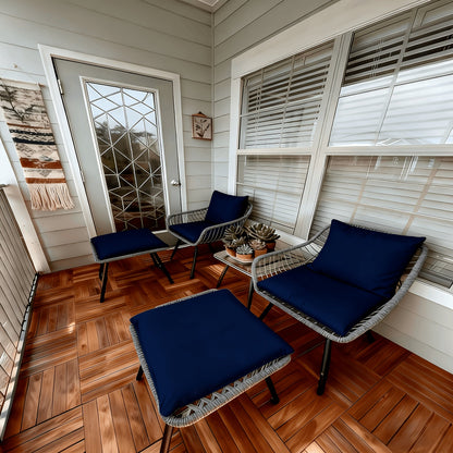 Five-Piece PE Rattan Patio Set with Two Chairs, Two Footstools, Round Glass Table and Gray-Blue Cushions