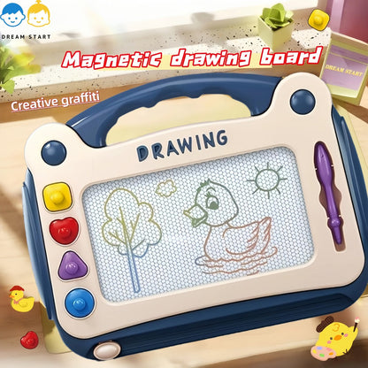 Portable Kids Magnetic Drawing Board with Four Shape Stamps, Tethered Stylus, Carry Handle and Slide Eraser