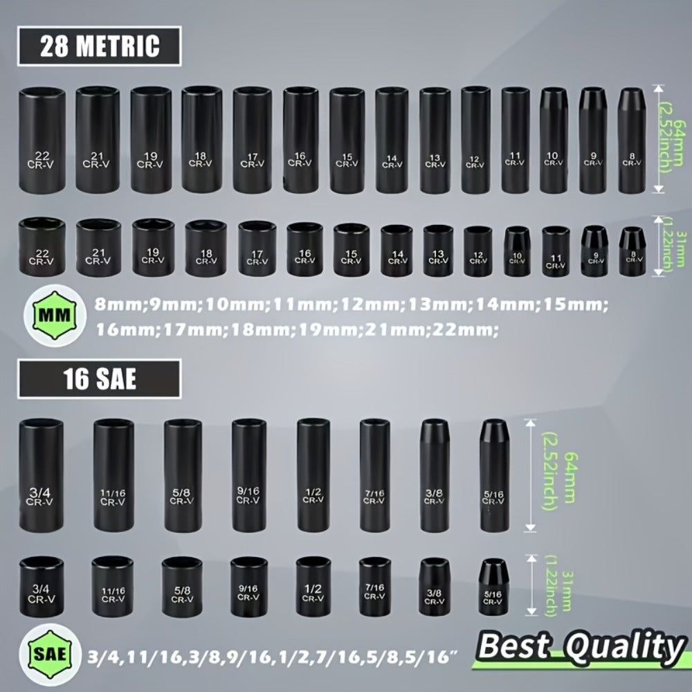 Impact Socket Set 3/8" Drive CR-V - 15/92 Piece Metric & SAE 6-Point with Ratchet Handle Adapter Storage Box for Auto Repair Mechanic DIY