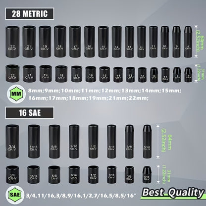 Impact Socket Set 3/8" Drive CR-V - 15/92 Piece Metric & SAE 6-Point with Ratchet Handle Adapter Storage Box for Auto Repair Mechanic DIY