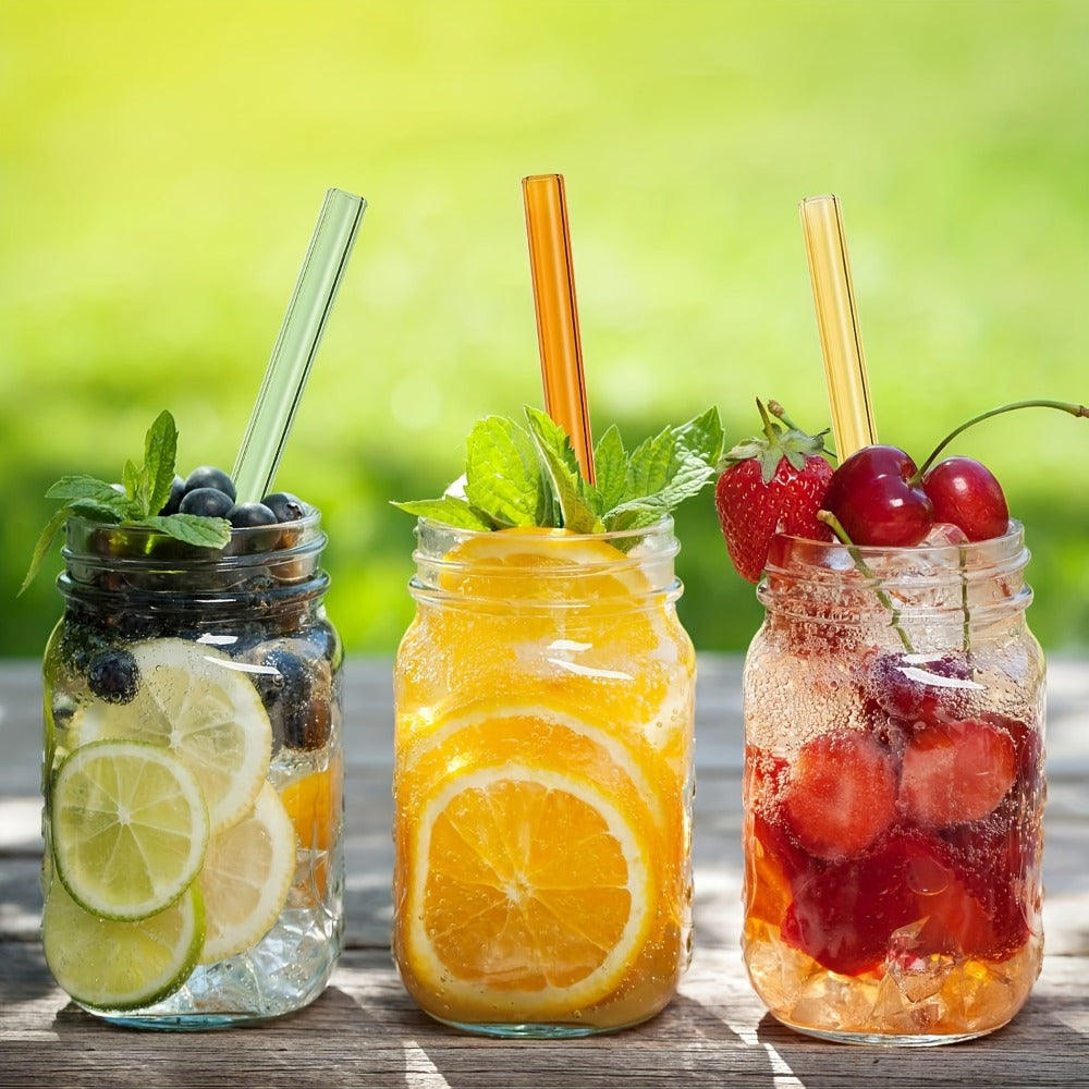 12-Pack Reusable Borosilicate Glass Straw Set with Cleaning Brushes in 6 or 8 Inch Lengths for Drinks