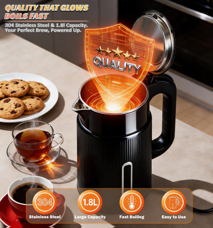 Electric Kettle 1.7L 1000W Double-Wall Stainless Steel with LED Indicator and 360-Degree Base