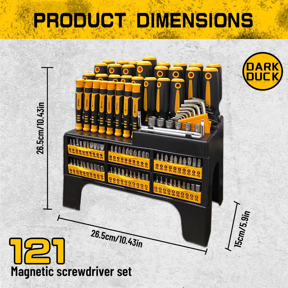 121-Piece Screwdriver Rack Set with Drivers, Bits, Hex Keys, Gloves, Magnetic Bowl and Nail Puller