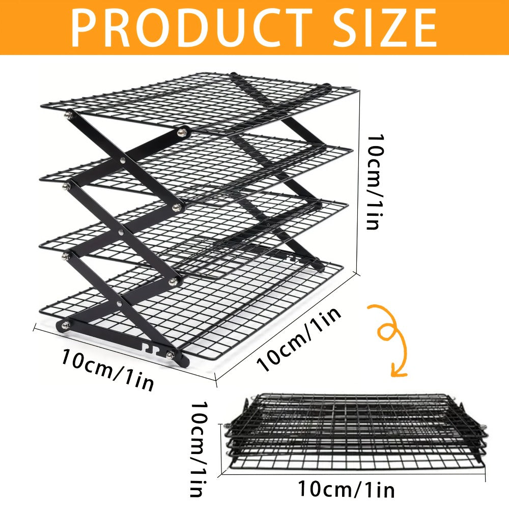 Foldable Cooling Rack Set – Stackable Oven Cookie Cake Drying Rack with Free Baking Tools (Silicone Spatula, Egg Beater, Tongs, Brush) | 3/4/5 Tier Options for Kitchen, Camping & Holiday Baking