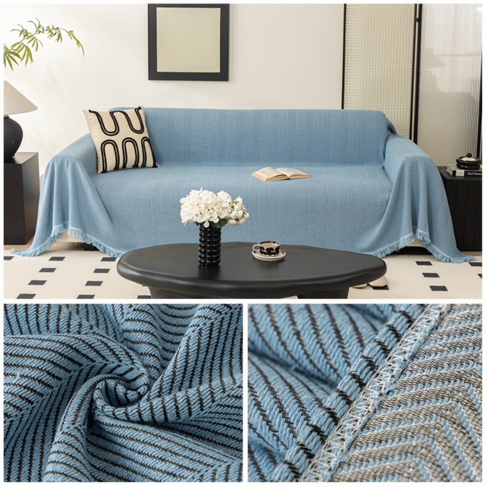 Sofa Cover 71-Inch Herringbone Jacquard Woven Throw with Tassel Fringe in Grey, Coffee, Green or Blue