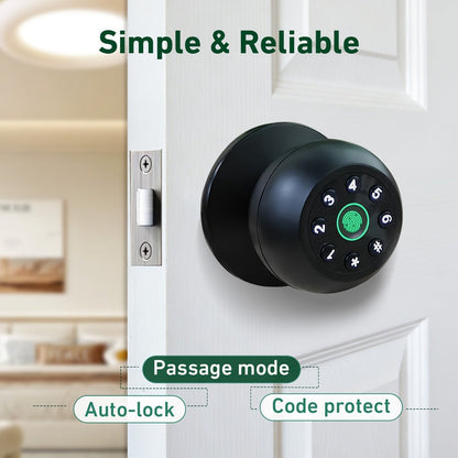 Matte Black Smart Door Knob Lock with Fingerprint & Keypad, App Control, Auto Lock, Keyless Entry Biometric Door Knob for Bedroom Home Office Interior Door, Easy DIY Install