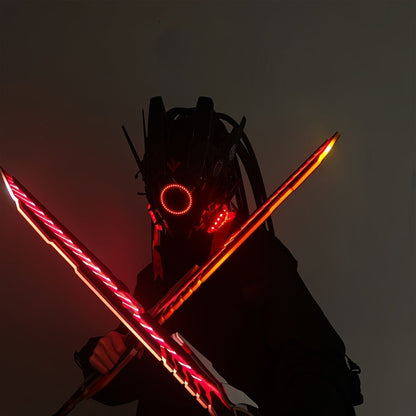 LED Braided Cyberpunk Costume Helmet with Circular Face Light and Blue, Green or Pink Accent Styles