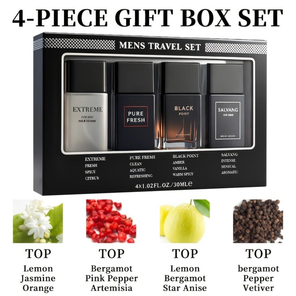 Perfume Gift Set for Men with Four 30ml Eau de Parfum Bottles, 1.5oz Body Mist and Black Box