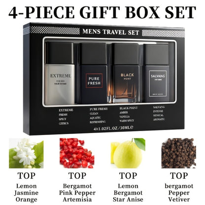 Perfume Gift Set for Men with Four 30ml Eau de Parfum Bottles, 1.5oz Body Mist and Black Box