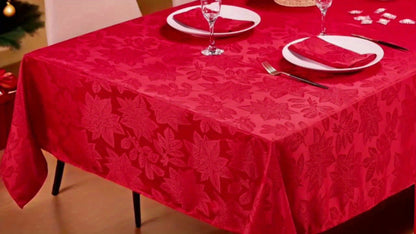 Tablecloth Red Floral Jacquard Rectangle Cover with Stitched Borders in Three Holiday Sizes