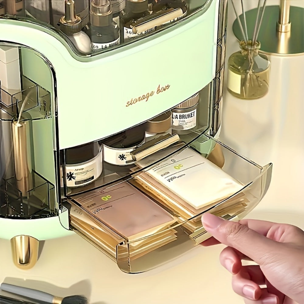 Covered Countertop Makeup Organizer with Transparent Display Top and Pull-Out Drawer in White or Green