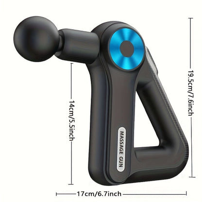 Triangular-Handle Massage Gun with Nine Pictured Attachment Heads, Blue Control Dial and Black Finish