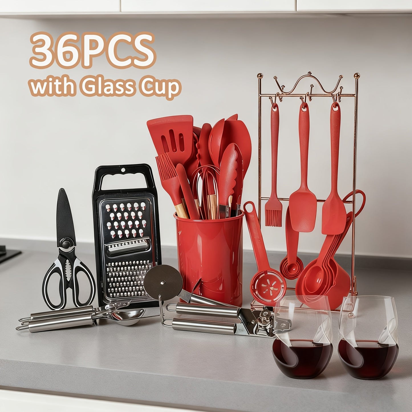 35- or 36-Piece Silicone Kitchen Utensil Set with Holder in Black, Pink or Red, with Optional Glass Cup