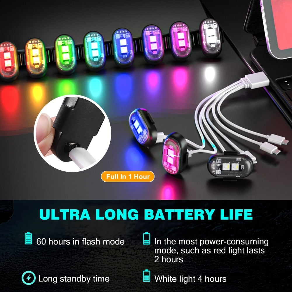 Wireless LED Strip Lights for Car – Magnetic Vibration Sensor, 8 Colors, Remote Control, USB Rechargeable, IP65 Waterproof Warning Light for Car Interior, Truck, Motorcycle & Bicycle