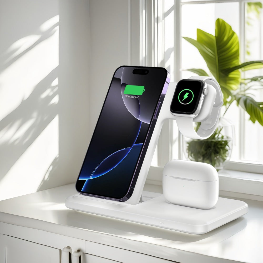 Wireless Charging Station, USB-C 3-in-1 Upright Dock for iPhone, Apple Watch and AirPods Models