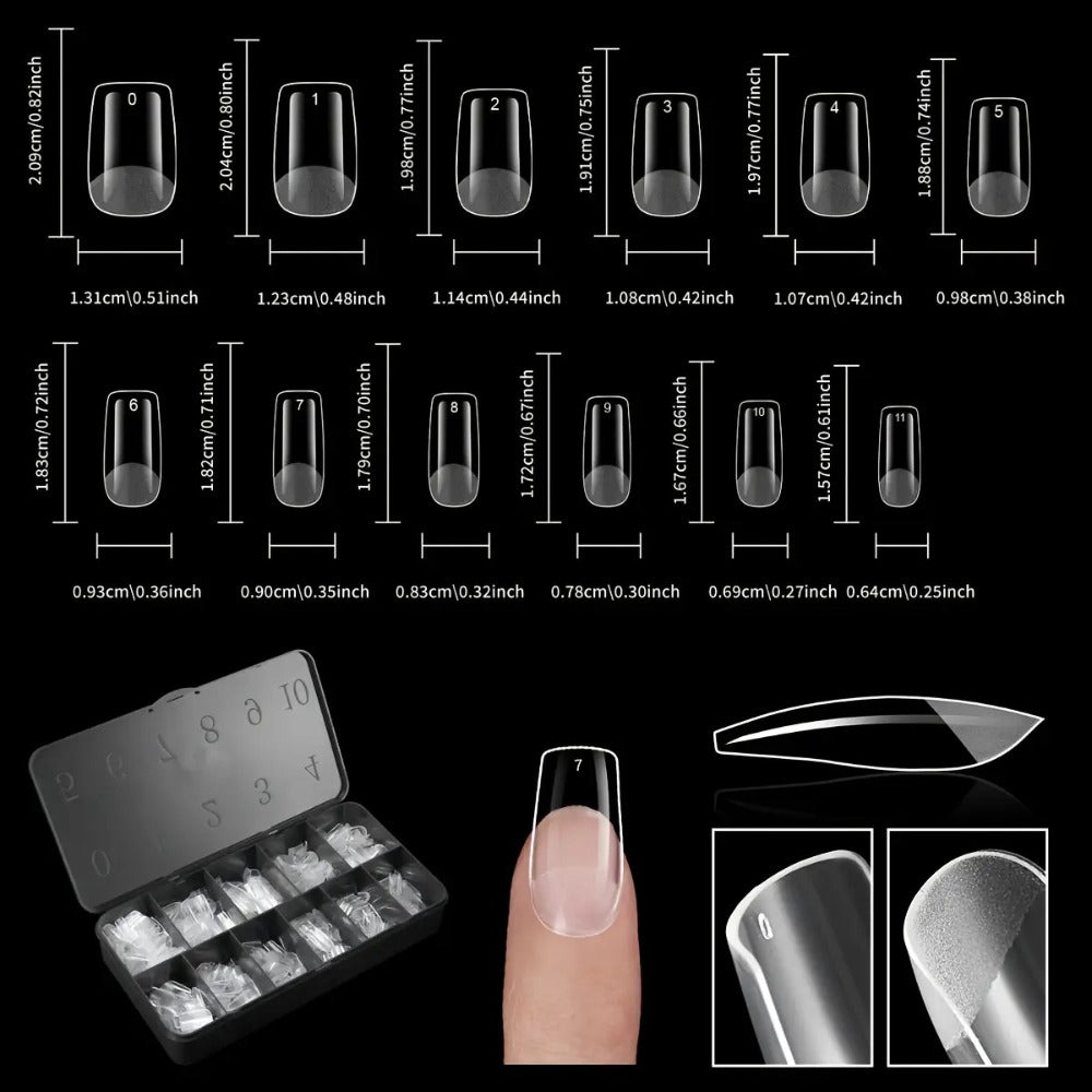 Clear Full-Cover Nail Tips, 600-Piece Set in Nine Almond, Oval, Stiletto, Coffin and Square Length Options