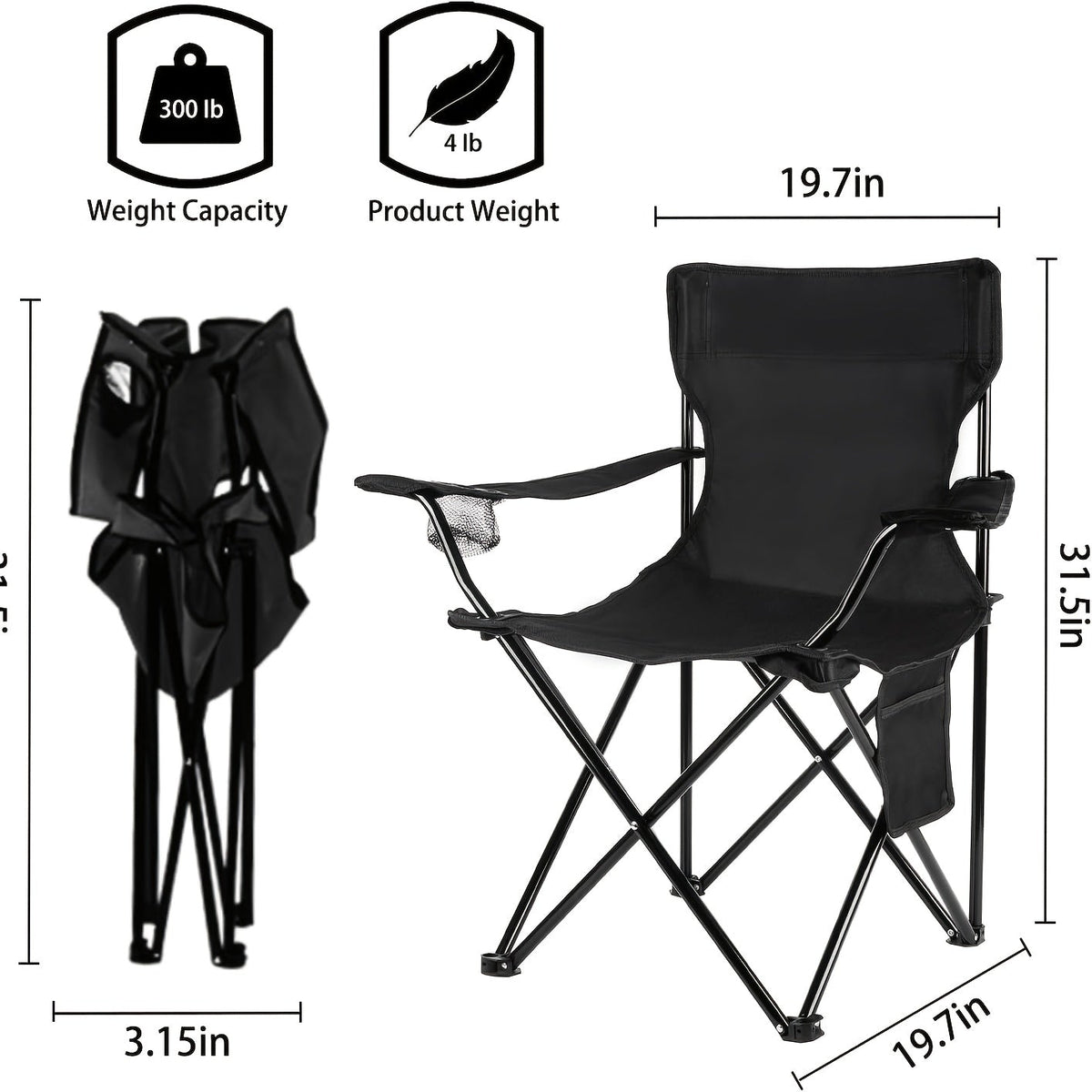Folding Camping Chair with Optional Sunshade Canopy, Cup Holders, Carry Bag and Black, Red or Blue Configurations