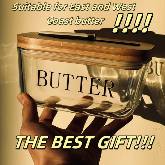 Glass Butter Dish with Airtight Lid, 700ml/25oz - Countertop & Fridge Butter Keeper, Covered Butter Tray with Lid for Counter or Refrigerator Door Shelf