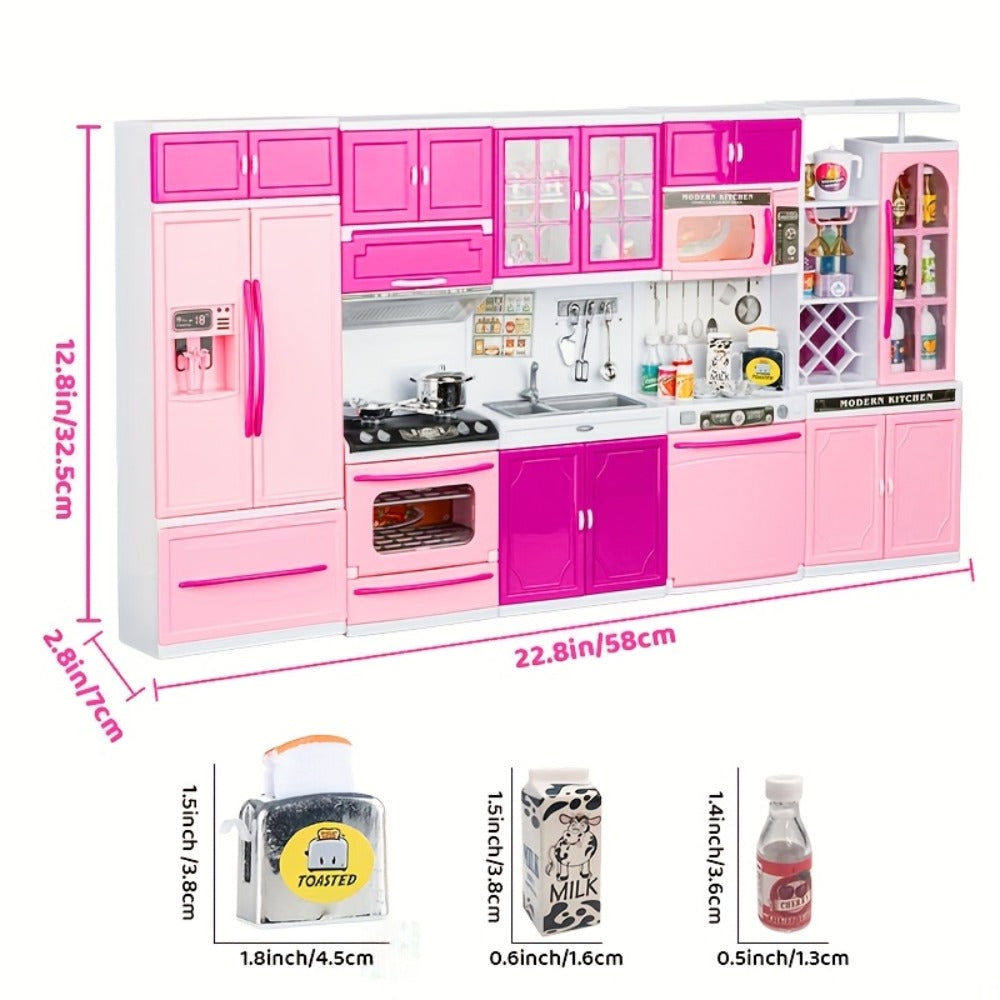 64-Piece Pink Pretend Kitchen Play Set with Light and Sound Features in a 58 x 42.5cm Mini Format
