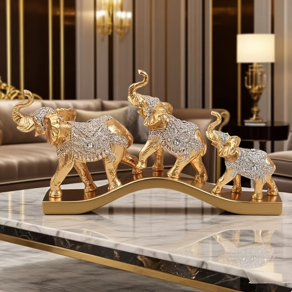 Golden Elephant Family Figurine Set with Three Resin-Look Sculptures on a 14-Inch Display Base