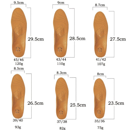 Brown Leather-Look Arch-Support Shoe Inserts with Blue Heel Cushion in Five Unisex Size Options