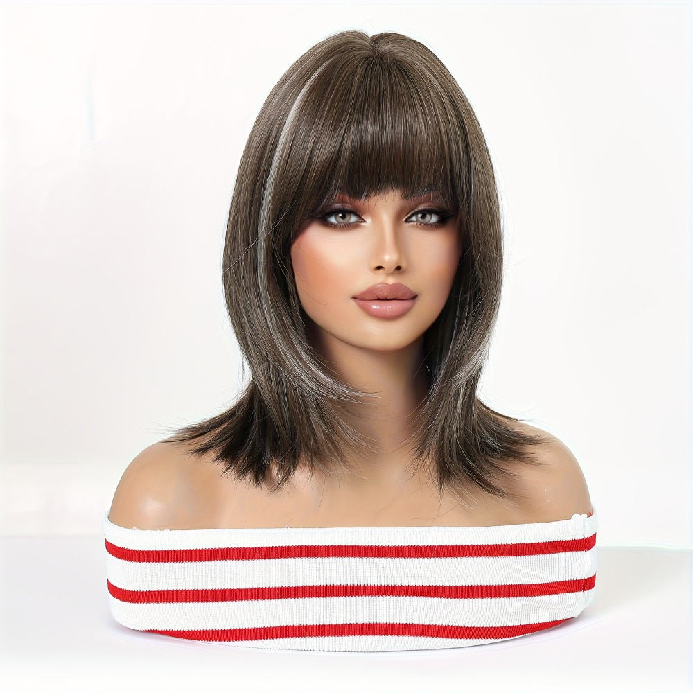 Synthetic Wig 14-Inch Layered Brown Highlight Ombre with Bangs and Heat-Resistant Rose Net Cap
