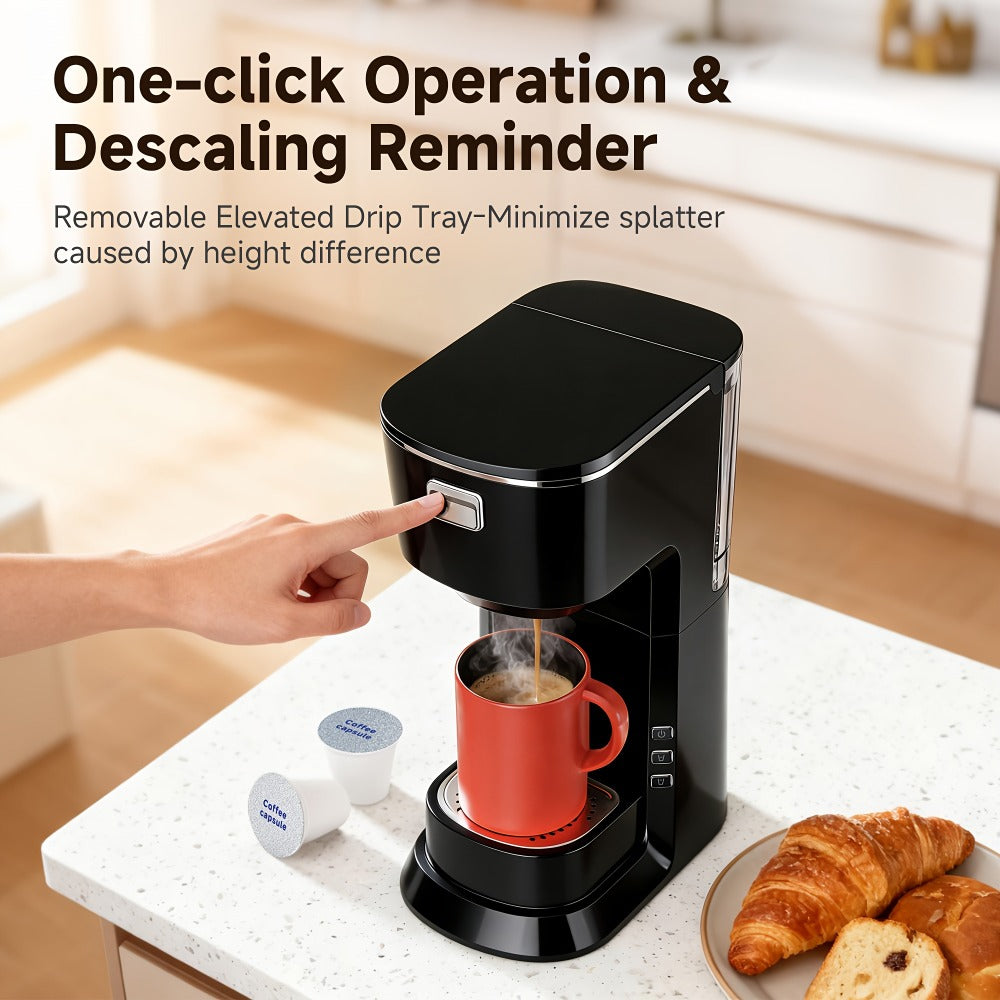 Compact Single-Serve Coffee Maker for Pods or Grounds with One-Button Control and Black or White Finish