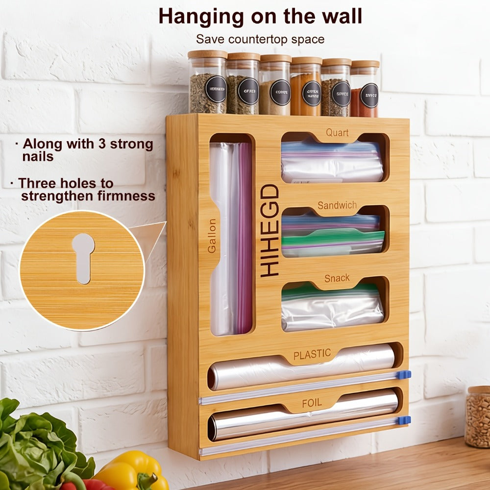 Bamboo Wrap Dispenser Kitchen Organizer 6-in-1 Bag Storage Box with Dual Cutters for Drawer or Wall