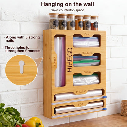 Bamboo Wrap Dispenser Kitchen Organizer 6-in-1 Bag Storage Box with Dual Cutters for Drawer or Wall