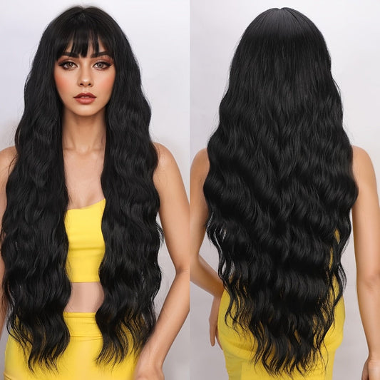 Synthetic Wig 28-Inch Black Body Waves with Bangs and Adjustable Buckle Net Cap for Daily and Party Styling
