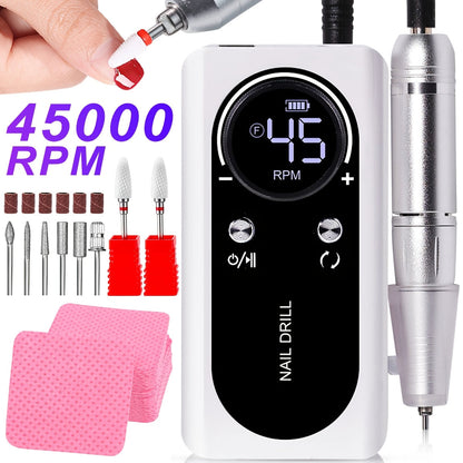 Electric Nail Drill 45000 RPM Cordless Kit with Power Display, Adjustable Speed and Three Colors