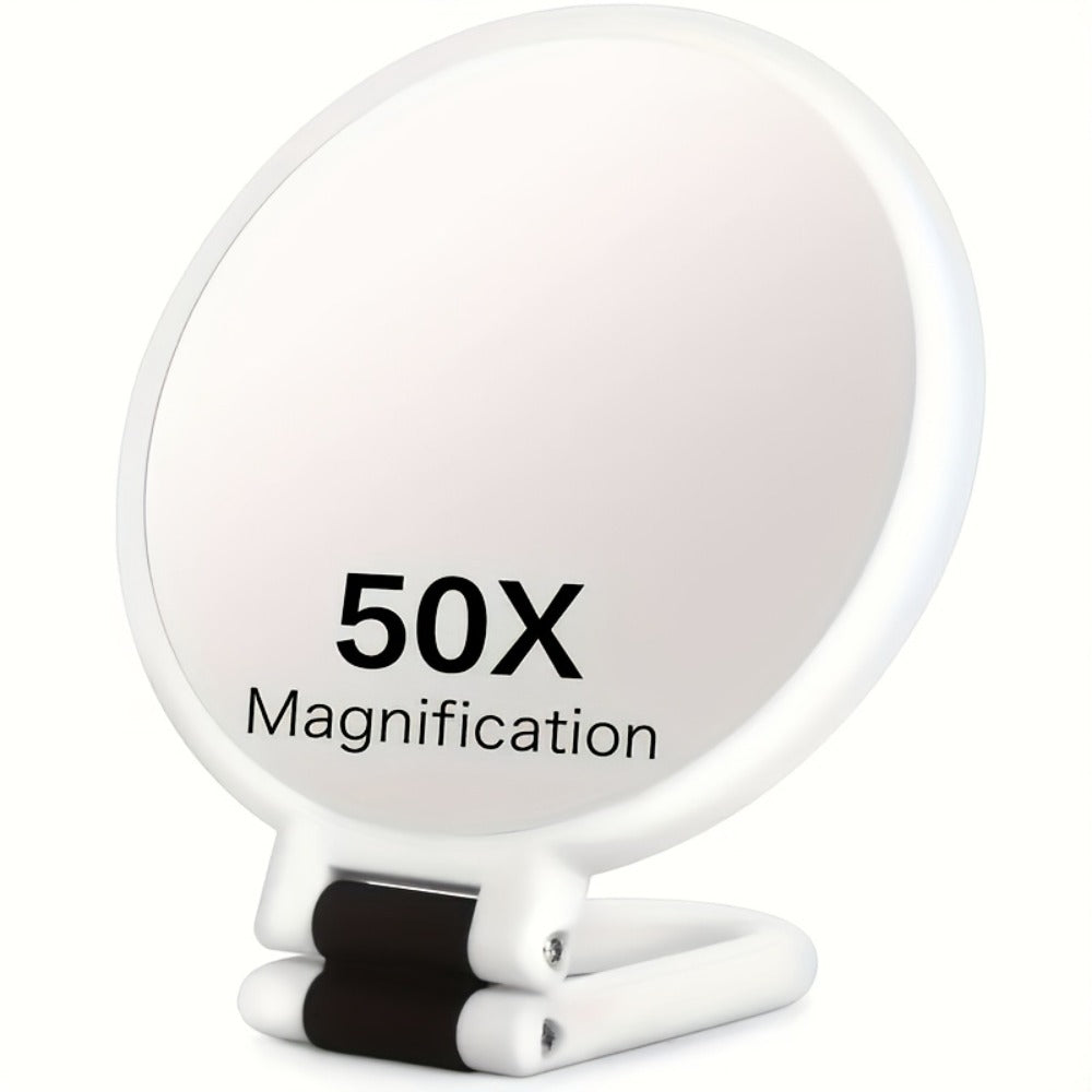 Makeup Mirror Dual-Sided 1X and 50X Handheld Round Compact with Folding 360° Handle in Black or White